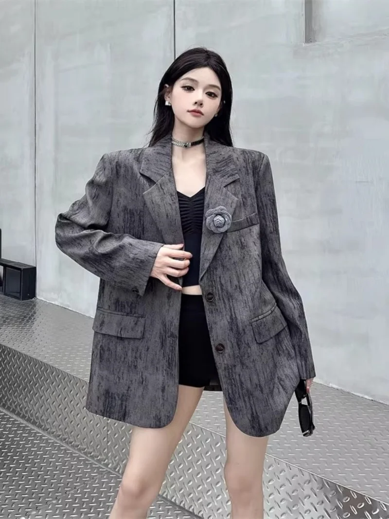 Women‘s Loose Fit Suit Jacket Coat, 3D Floral Vintage Style Office Blazer, Unique Designer Outerwear for Spring Autumn W1884