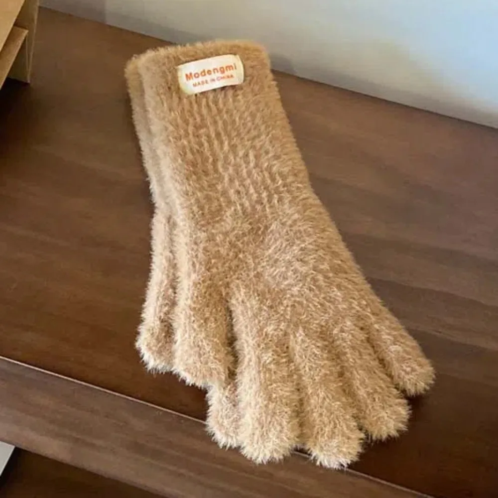 Fashion Y2K Soft Finger Gloves Touch Screen Windproof Candy Color Gloves Thickened Faux Rabbit Hair Anti-cold Mittens Winter