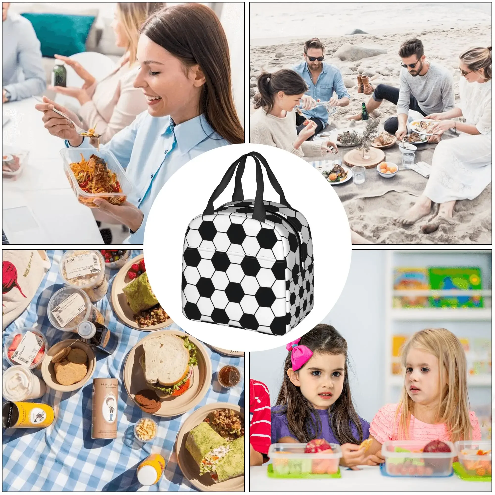 Soccerly Checkered Plaid Footbally  Insulated Lunch Tote Bag for Women Portable Cooler Thermal Food Lunch Box Work School Travel