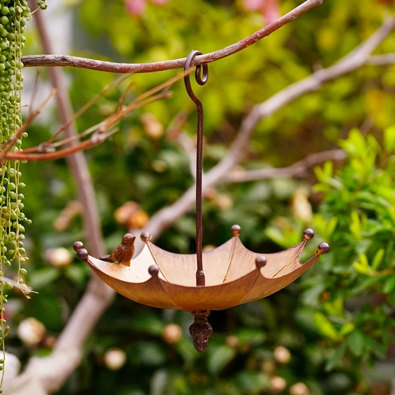 

1 outdoor hanging bird feeder tray, bird bath, outdoor hummingbird feeder, metal tray, and water bowl