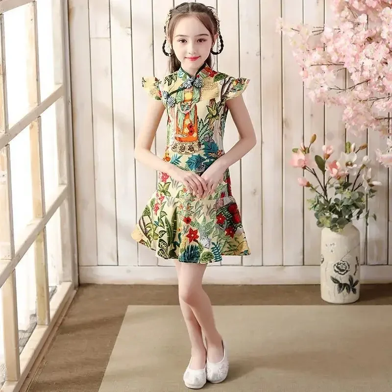 

Kids Floral Baby Girl Qipao Silky Dress Children Cheongsam Outfit Chinese Style New Year Costume Clothes Kids Dresses for Girls