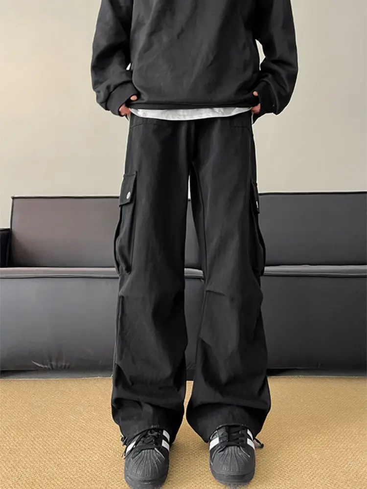 

Spring Autumn Men's Workwear Pants Multiple kets Bell Bot Pleated Design Casual Faionable Straight Leg Trousers