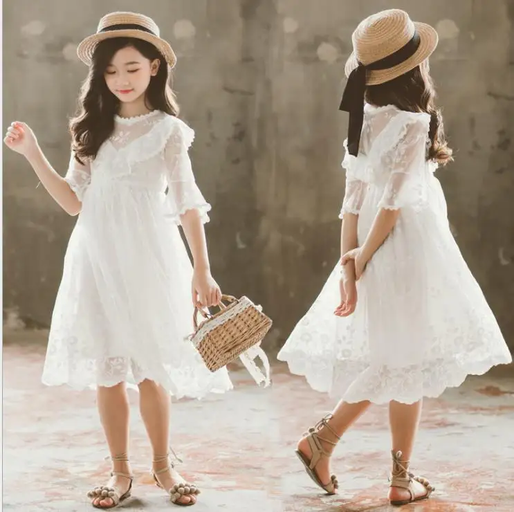 2024 Summer Girls Lace mesh V neck Dress Flare Half Sleeve Ruffle Children Party Wedding Baby Princess Knee Vestidos 8 10 year