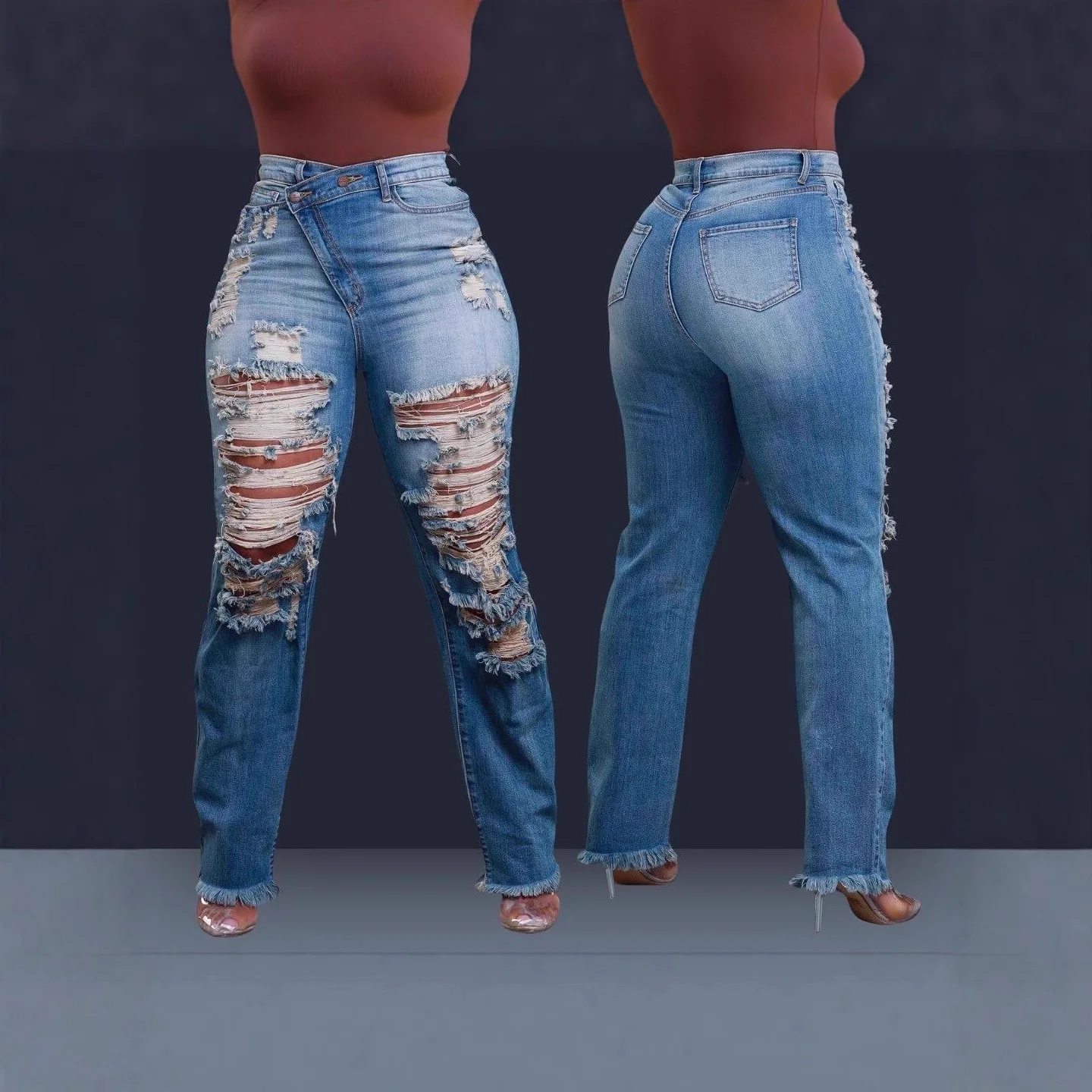 New Autumn and Winter European and American Women's Clothing Straight Leg Personalized Waist Elastic Cut Fringe Jeans High Waist