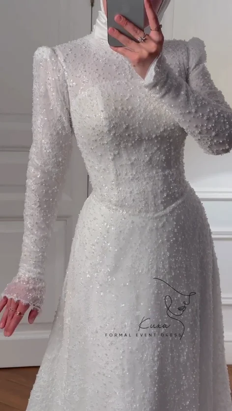 KUXA Customized Muslim Shiny Full Lace Glitter A Line Wedding Dresses Muslim Dubai Long Sleeves High Neck Sparkly Bridal Gowns
