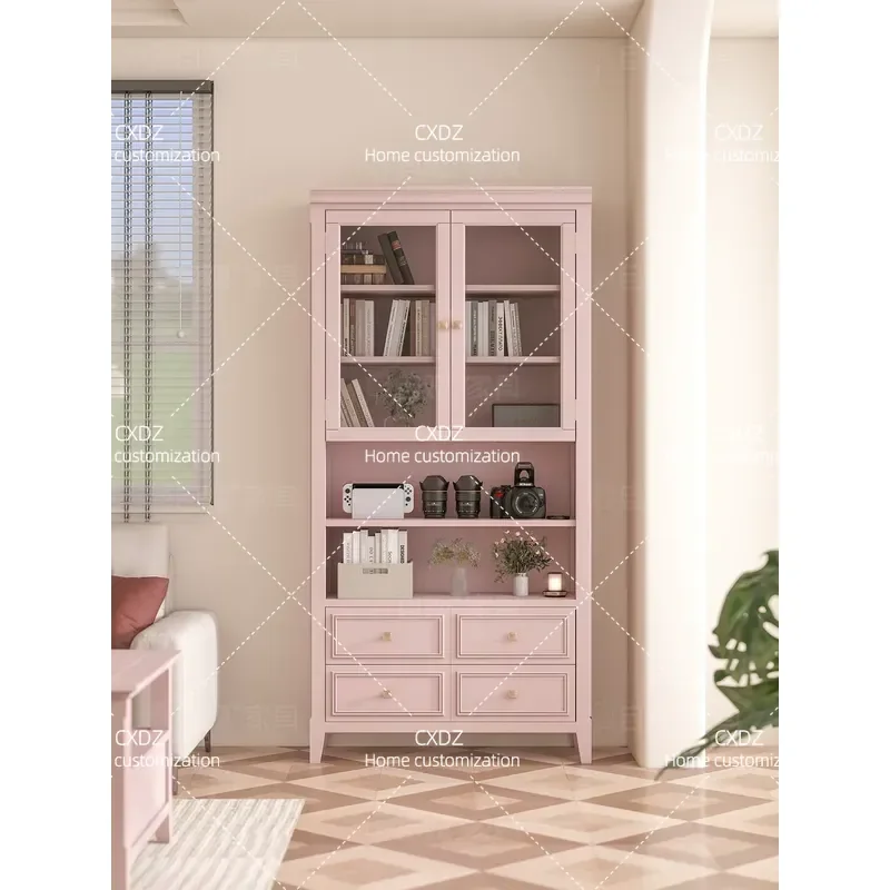 Pink Floor to Ceiling Bookcase with Glass Door Solid Wood Display Cabinet Dustproof Storage Locker for Living Room Light