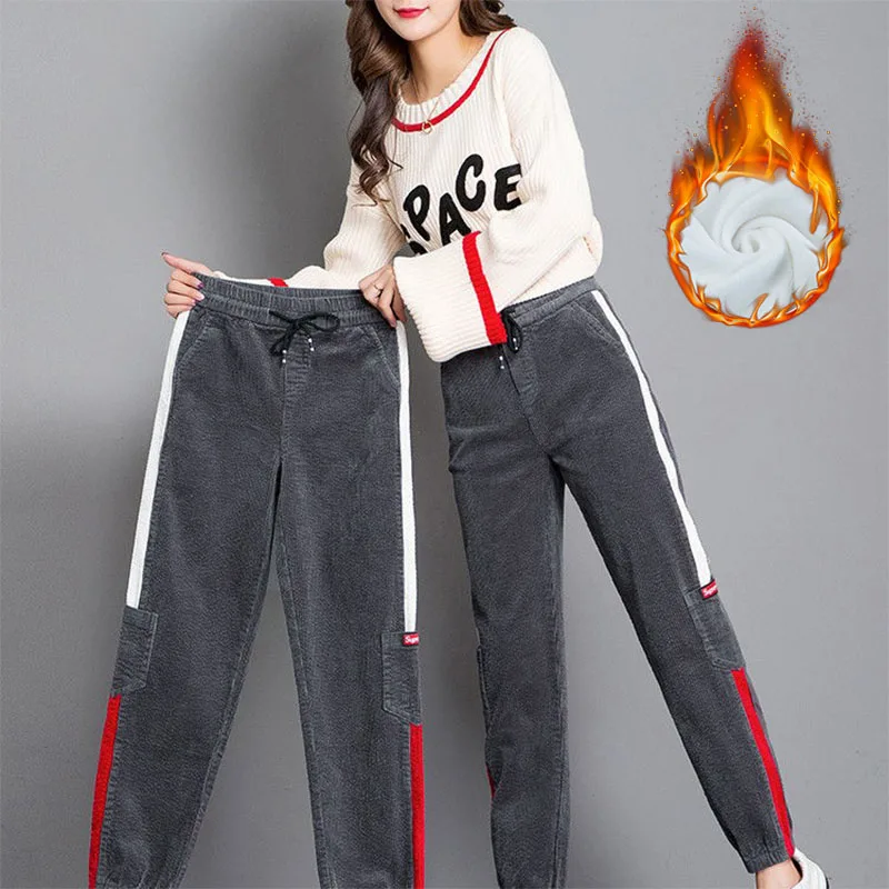 Autumn Winter Panelled Loose Plus Fleece Warm Sweatpants Lace-up Waist Straight Korean Fashion Women Casual Bloomers Trousers