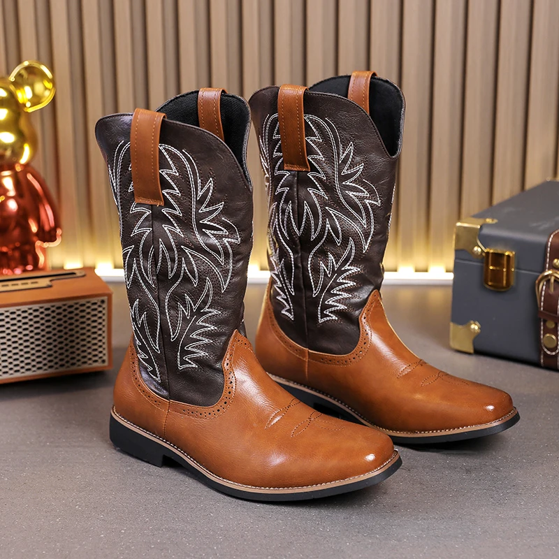 Luxury Cowboy Boots for Men Vintage Knight Shoes Leather Embroidery Mid Heel Motorcycle Boots 2024New Casual West Boot Botas