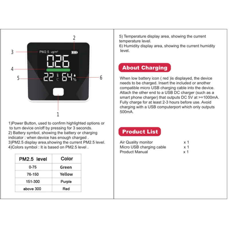 

HJ-DM103B Portable Digital Air Quality Detector PM2.5 CO2 Tester Portable Digital Air Quality Detector