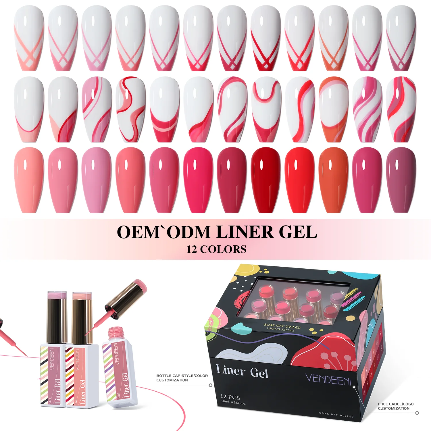 Vendeeni ot Popular New Design 12Colors Peach Art Liner Gel Polish Set 10ml OEM Private Label Gel Paint Nail Art Neon Liner Gel