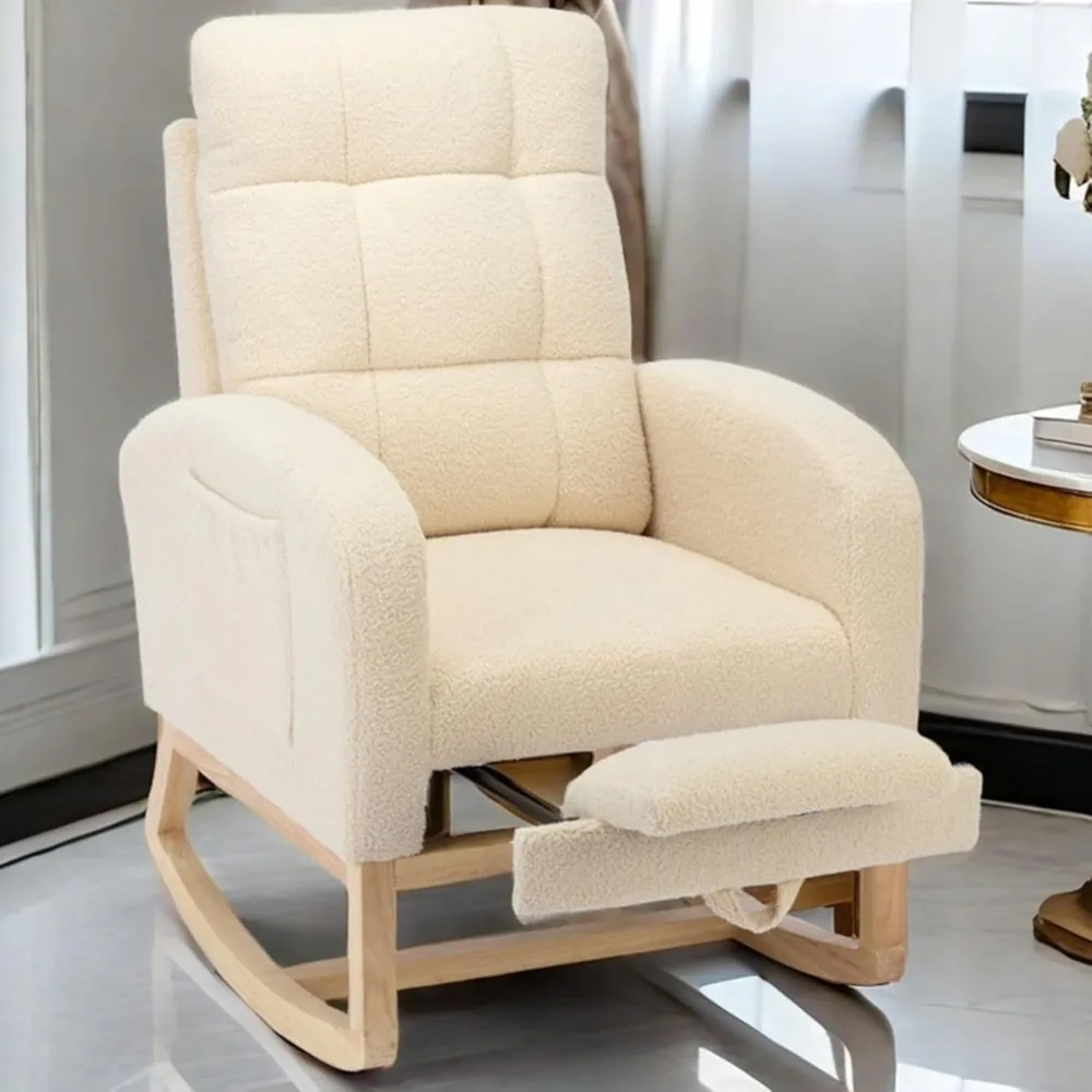 

A baby rocking chair with adjustable pedals in the living room, solid wood legs, and comfortable lounge armchairs