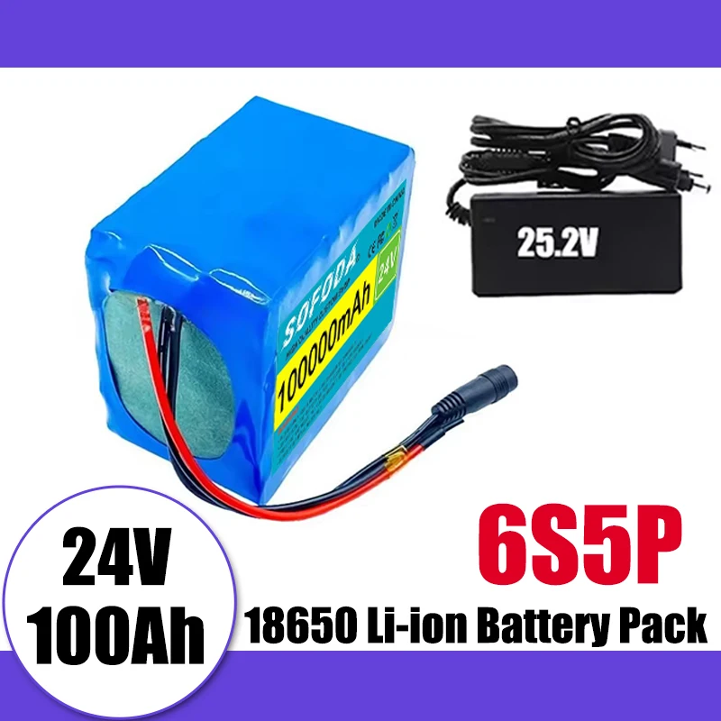 6S5P battery pack 25.2V 100000mAh 18650 lithium-ion battery pack, 2A charger, multiple socket options, large capacity