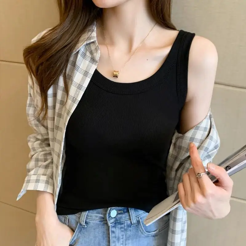 Summer 2024 Women's Slim Fit Tank Top Pure Color Base Layer Shirt Sleeveless Ribbed Body Shirt Inner Wear Outer Wear