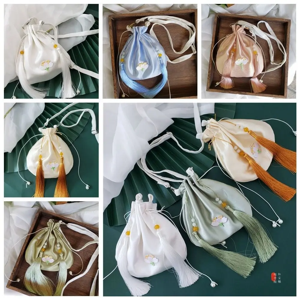 Ethnic Style Hanfu Silk Drawstring Bag Tassel Chinese Style Embroidery Flower Handbag Purse Hanfu Accessories Floral Bucket Bag