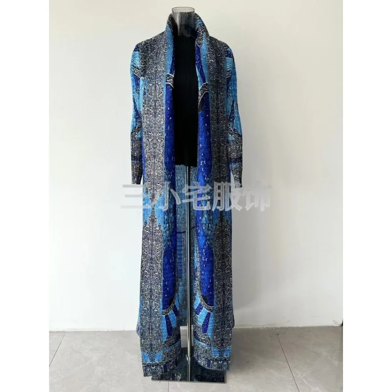 Muslim Abaya Women\'s Cardigan Dress with Blue Printed Robe for Eid Al Fitr, Ramadan Dubai Long Sleeved Lapel Cardigan Belt