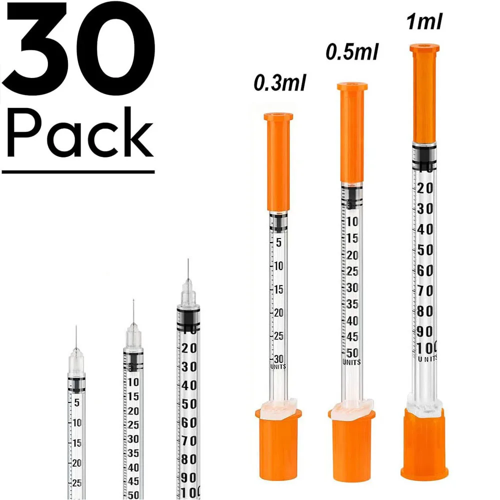 Sample Pack 30Pcs 0.3ml 0.5ml 1ml U‑100 Insulin Syringe Sterile With Needle Individually Packed For Pets Dog Lab Use