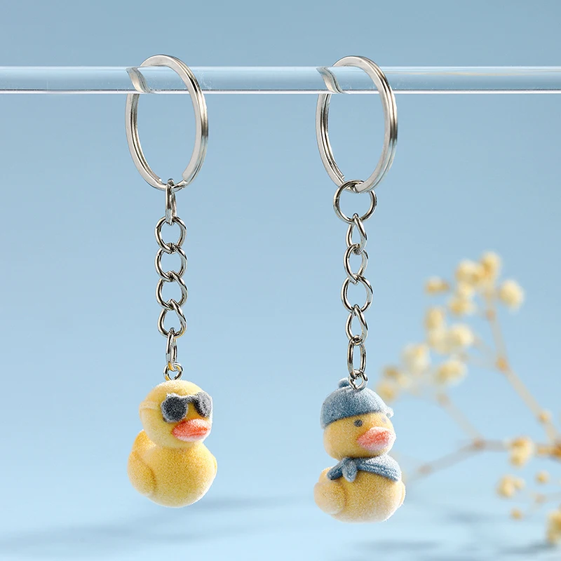 Cartoon Flocking Duck Keychain Creative 3D Yellow Duck Car Key Ring Bag Charm Pendant Decoration Couple Gifts