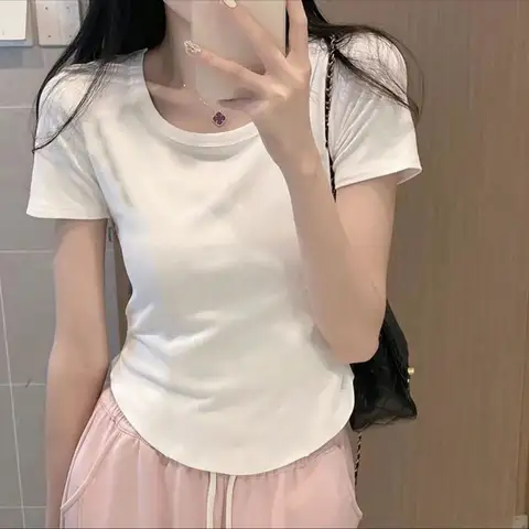Pure Desire U 넥 반팔 티셔츠 여성 여름 틈새 디자인 감각 달콤한 매운 스타일 자른 어깨 슬리밍 탑