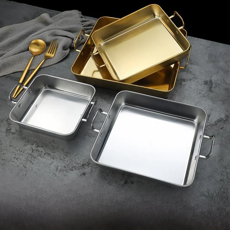 Plato Cuadrado Creativo de Acero Inoxidable con Doble Asa, Estilo Coreano, para Pollo Frito Dorado, Papas Fritas, Bandeja Plana para Aperitivos