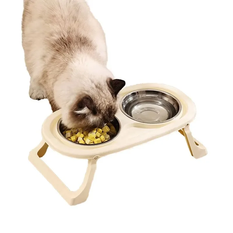 

High-Legged Double-Bowl Cat Food Bowl Stainless Steel with Plastic Material Designed to Protect Cervical Vertebrae