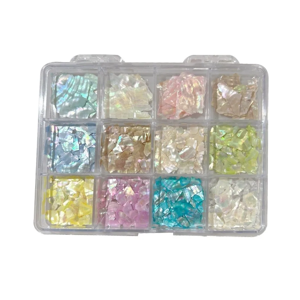 12Grids/Box 3D Irregular Shape Nail Art Charms Aurora Shell Five-pointed Star Imitation Pearl Nail Decoration Sparkling Flakes