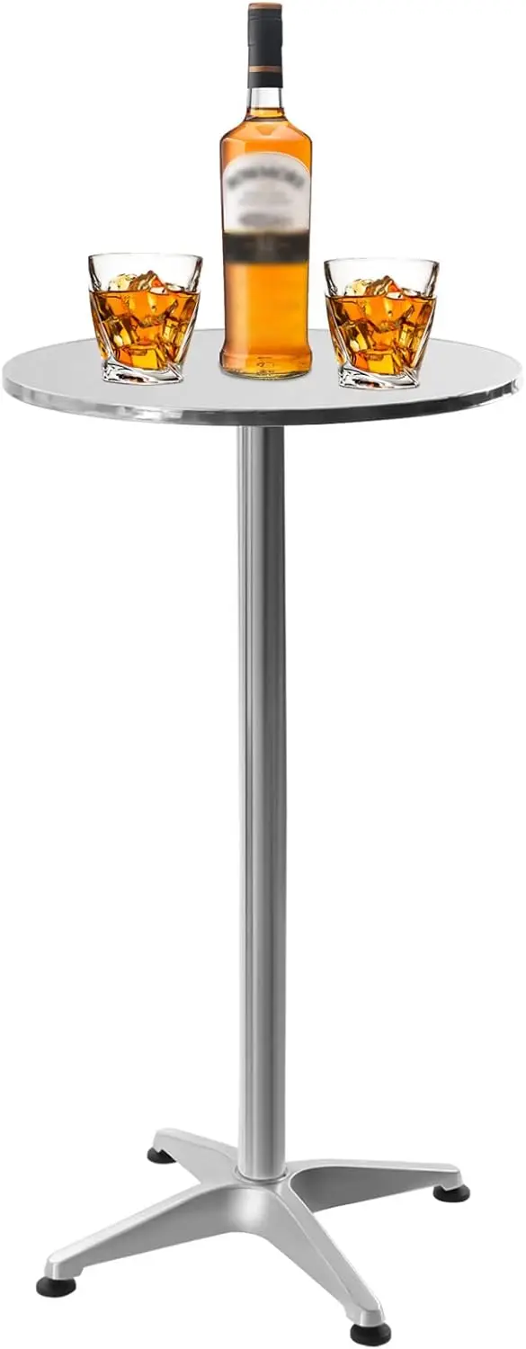 Round Pub Table With Stainless Steel Tabletop, Round Indoor-Outdoor Table With Base For Dining Bistro Cafe Home Bar, 23.6-Inch