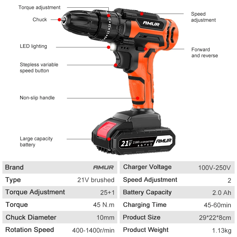 21V Cordless Drill 45N.m 25 Plus 1 Electric Screwdriver Keyless Chuck Two Gear Speed Wireless Power Driver Battery Tools