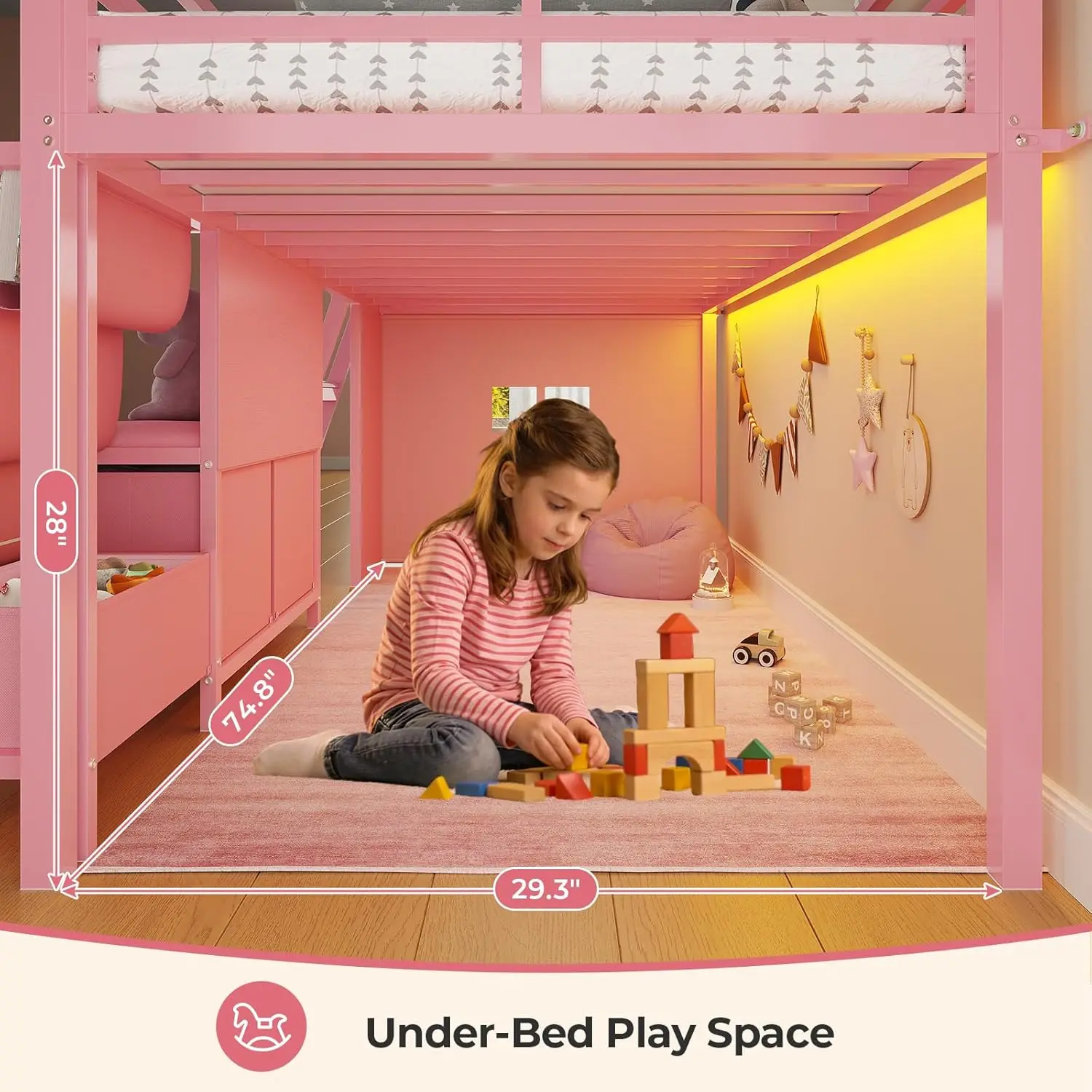 Cama Alta Infantil Tamanho Solteiro com Estante, Cantinho de Leitura, Cama Alta Infantil com LED e 3 Gavetas, Espaço de Brincadeira Abaixo da Cama, Casinha, Personalizável
