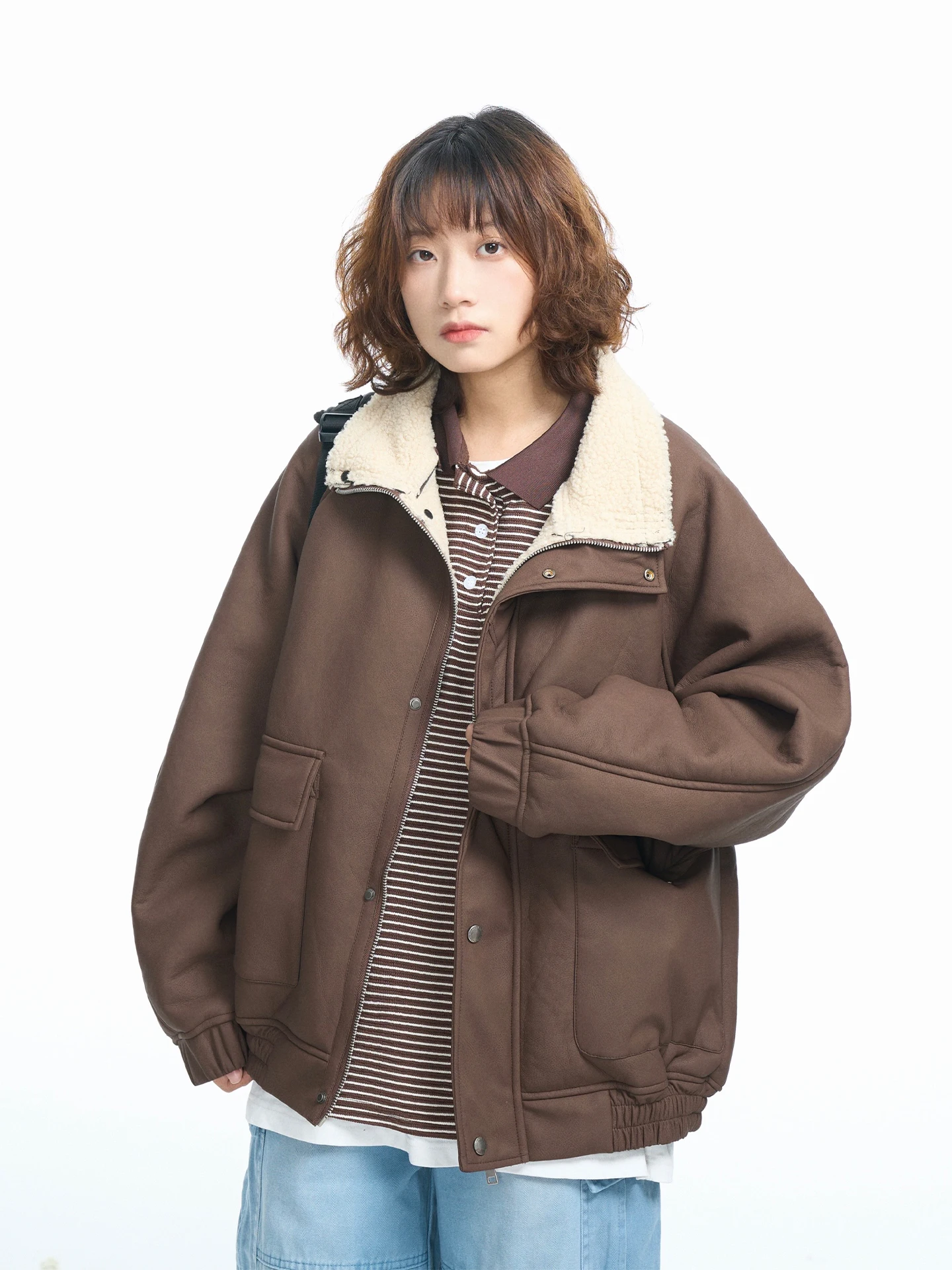 

Thiened Lamb Velvet Cotton Jaet American Sle Urabe Winter Coat for Men And Women Loose Fit Warmth Pu Leather Cotton Clo...