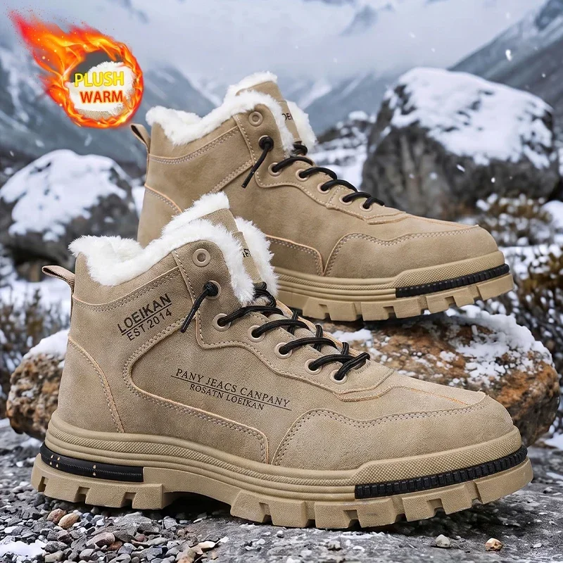 Men's Fleece Warm Winter Boots Lace‑up High‑top Thick Rugged Outsole Anti‑slip Male Snow Work Boots For Cold Weather