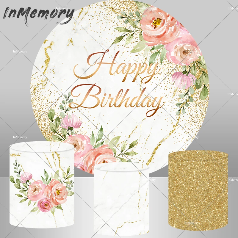 Glitter Gold Happy Birthday Round Backdrop Banner Flowers Baby Shower Newborn Candy Tablecloth Background Cylinder Cover