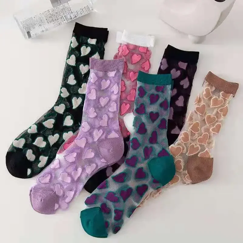 Summer Woman Socks Japanese Style Sweet Crytal Glass Silk Socks Heart Print Ultra-thin Transparent Girls Kawaii Cute Long Socks