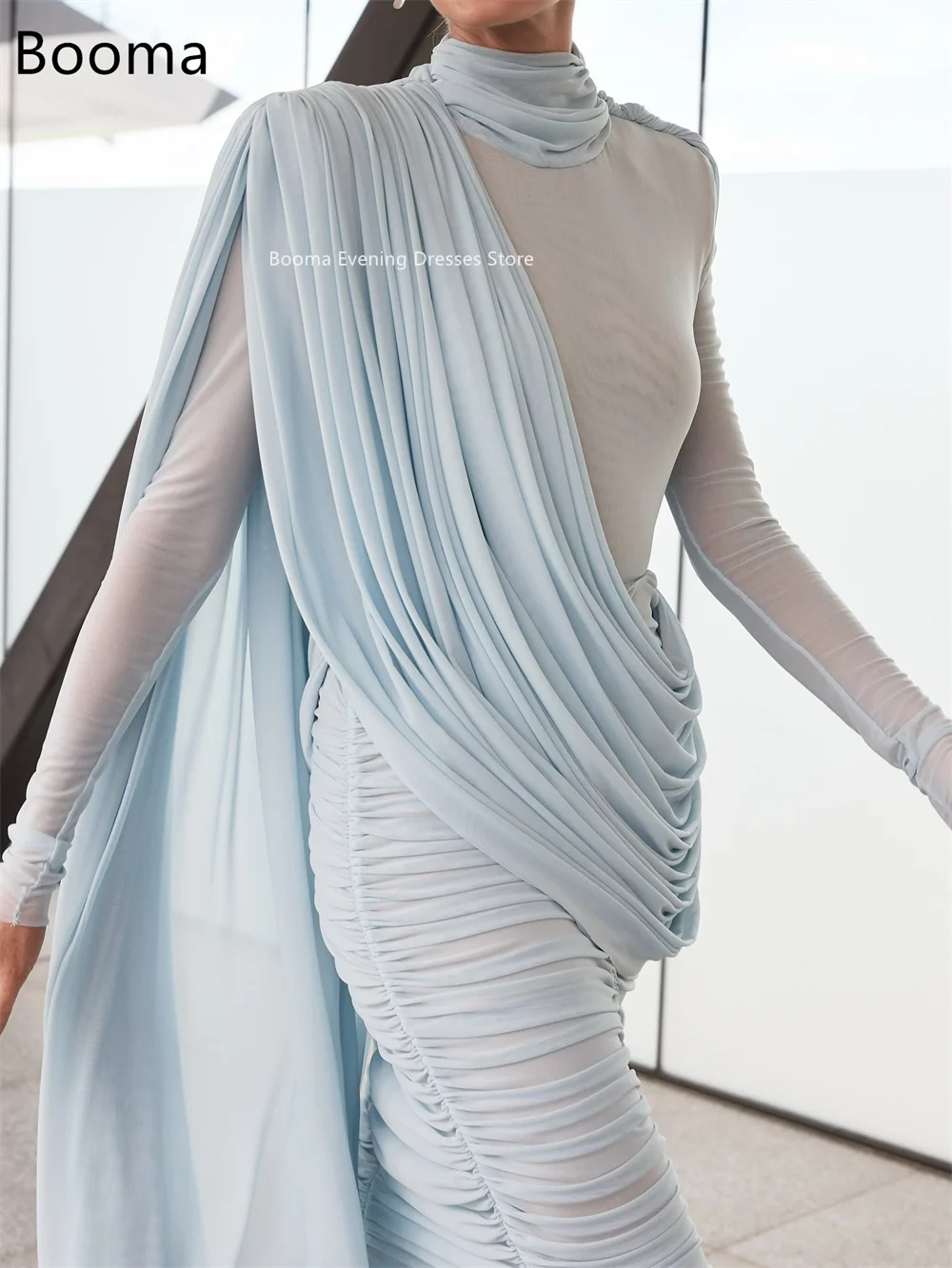 Booma a-line مطوي شيفون رقبة عالية فساتين سهرة بسيطة بأكمام طويلة فساتين رسمية للنساء فساتين حفلات أنيقة مصنوعة حسب الطلب