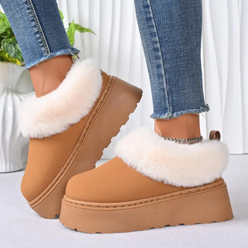 

Brand Chunky Platform Fluffy Fur Snow Boots Women 2025 Winter Warm Long Plush Thick Bottom Ankle Boots Woman's Furry Mules Shoes