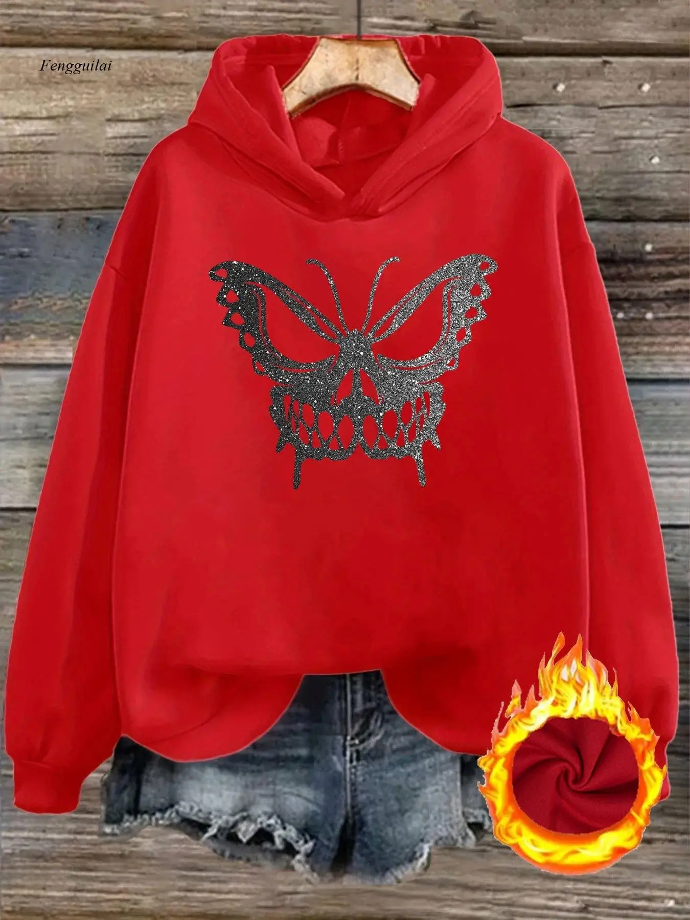 

Цельный модный элегантный стиль Y2K серебристый блестящий бабочка маска графический принт толстовка с капюшоном