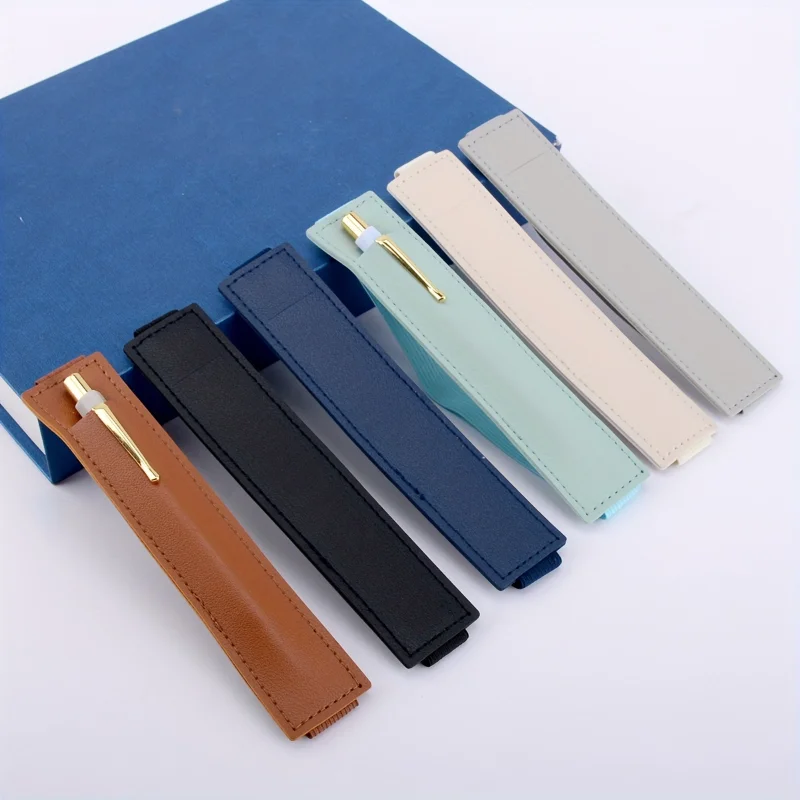 

1pc Solid Color Notebook Pen Cover Pen Holder Pu Single Storage Elastic With Pen Bag