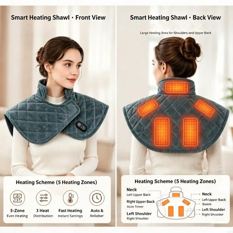 Blue-Green Heated Shoulder Wrap with Soft Fabric, Textured Stitching, Five-Zone Heat, and Wearable Coverage for Reading and Y5GB