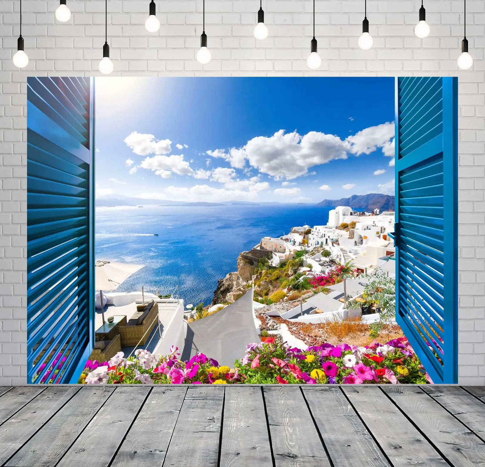 Greece Backdrop Santorini Island Flowers Aegean Sea Window Scenery Background Birthday Party Banner Wedding Photo Booth Props