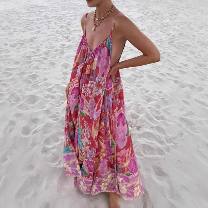 

Fashion New Floral Printed Loose Suspender Dresses Women Sleeveless Backless A-line Holiday Dresses Summer Lady Beach Robe