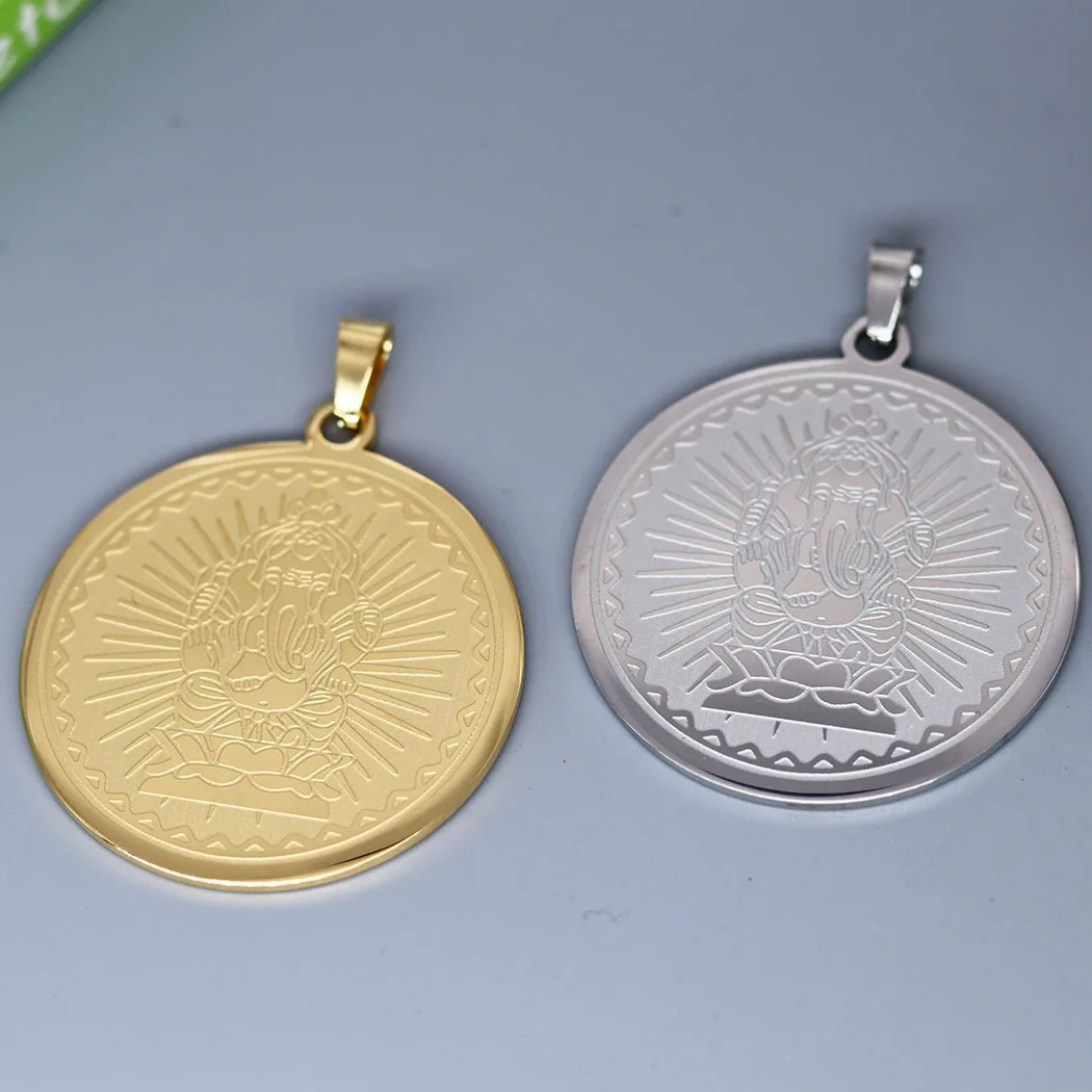 2PCS Stainless Steel Men Lord Ganesha Coin Medallion Charms Pendant DIY Punk Necklace Charm For Jewelry Making Craft Accessories