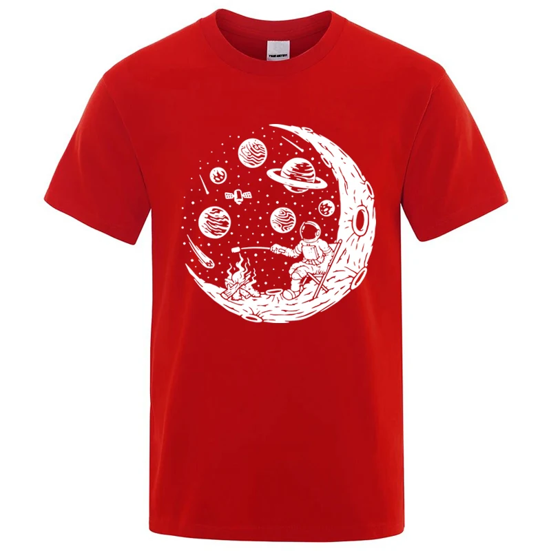 Men\'s T-shirt High Quality Cotton Blend Funny Astronaut Moon Barbecue Print Casual Loose Cool Men O-neck T-shirt Tee Tops