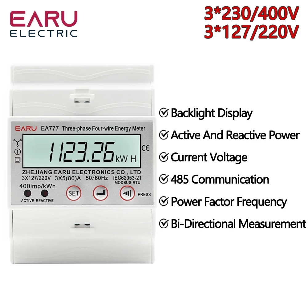 

4P 3 Phase 4 Wires Two-way Bilateral Energy Meter Electricity Usage Meter Din Rail AC 3*230/400V LCD Multifunction Display