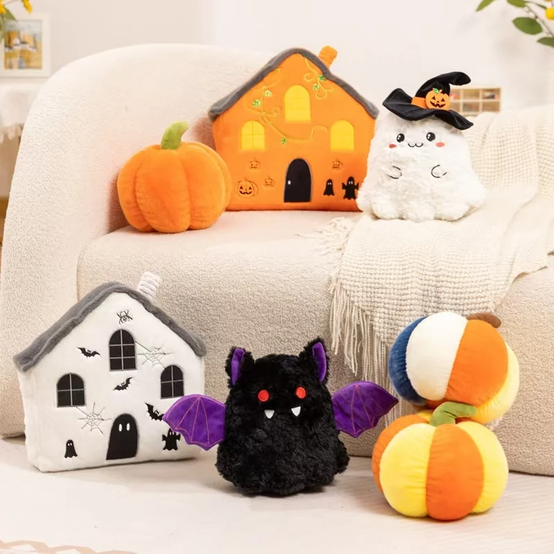 Kawaii Pumpkin Ghost House Plush Toy Halloween Pillow Cute Devil Doll White Ghost Black Bat Cushion Backrest Holiday Kids Gift
