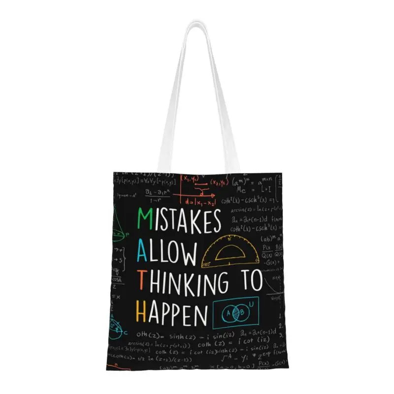 Fashion Printed Mistakes Allow Thinking To Happen Tote Shopping Bag Portable Canvas Shoulder Shopper Math Teacher Quotes Handbag