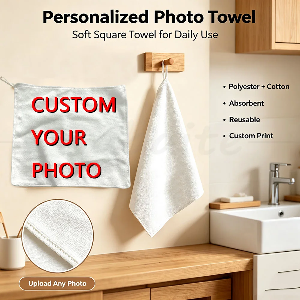Custom Photo Square Towel Hand Towel Upload Image Print Soft Poly Cotton Lightweight Absorbent Kitchen Bathroom Home Decor Gift