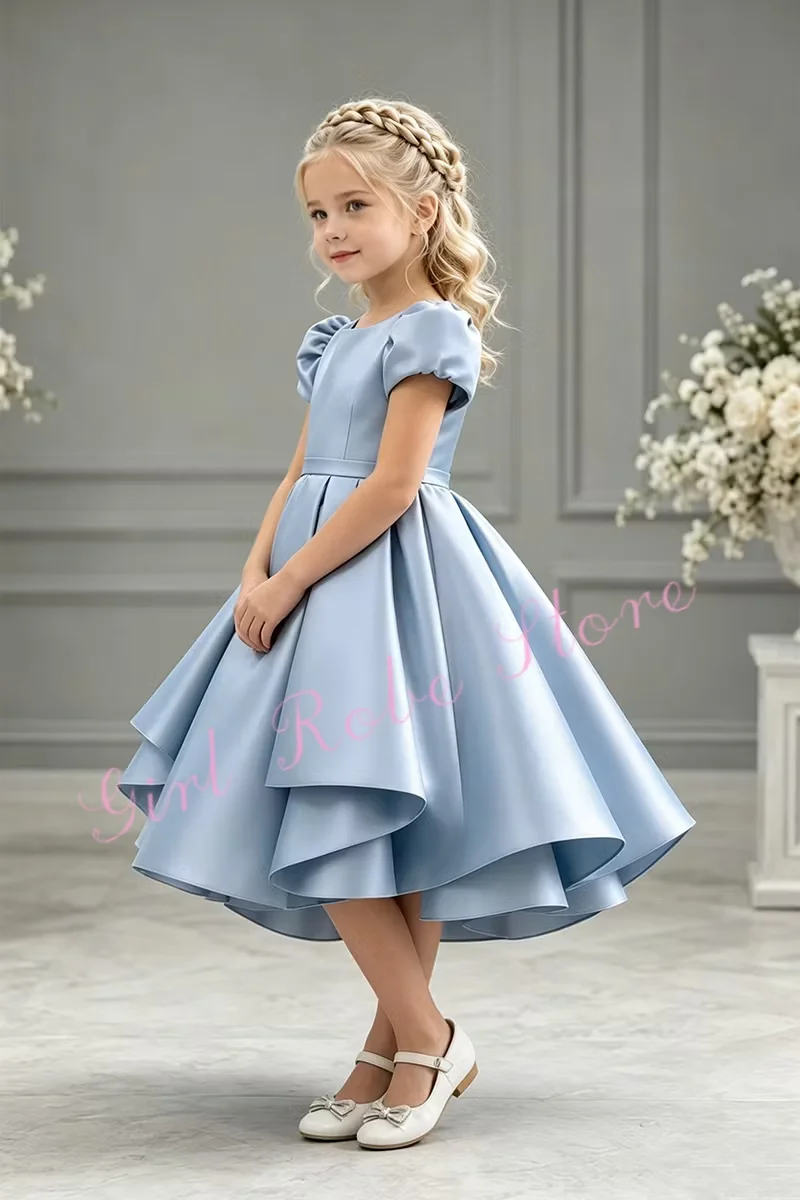 Quality Blue Satin Flower Girl Dress For Wedding Short Sleeves Puffy Elegant Kids First Communion Formal Events Gown Customized