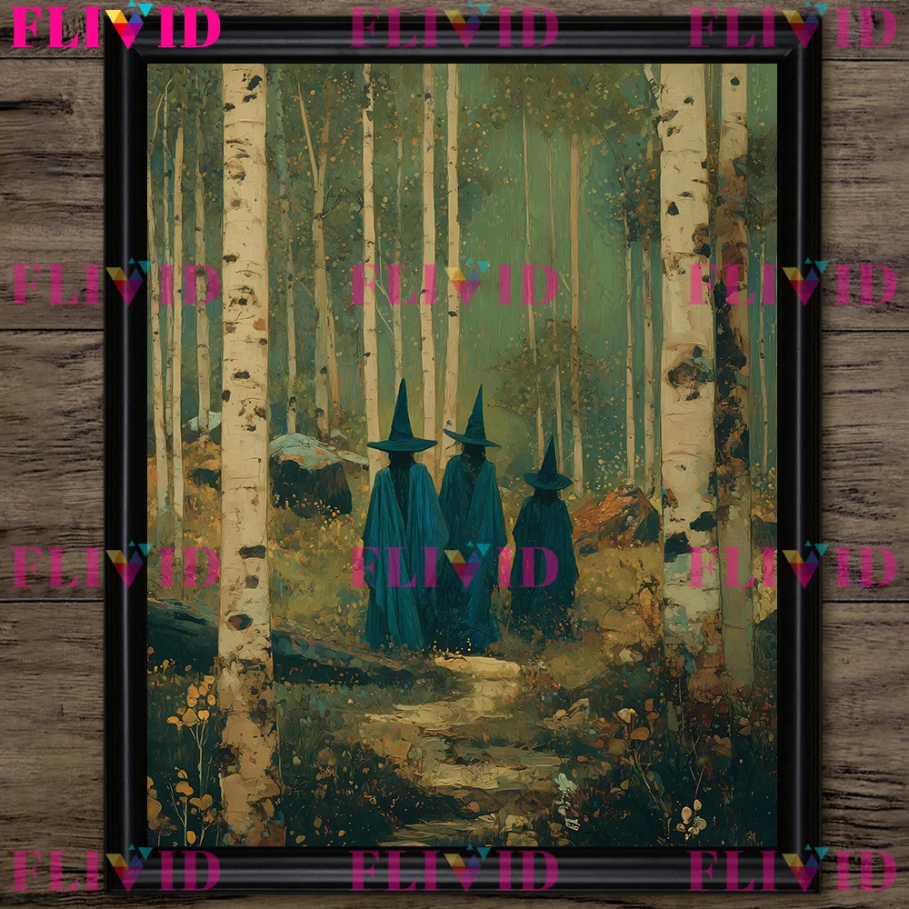 Spooky Witches Forest Art Poster Print,Wiccan Sisters Brewing Vintage Wall Art Canvas Print,Dark Academia Decor Gifts Unframe