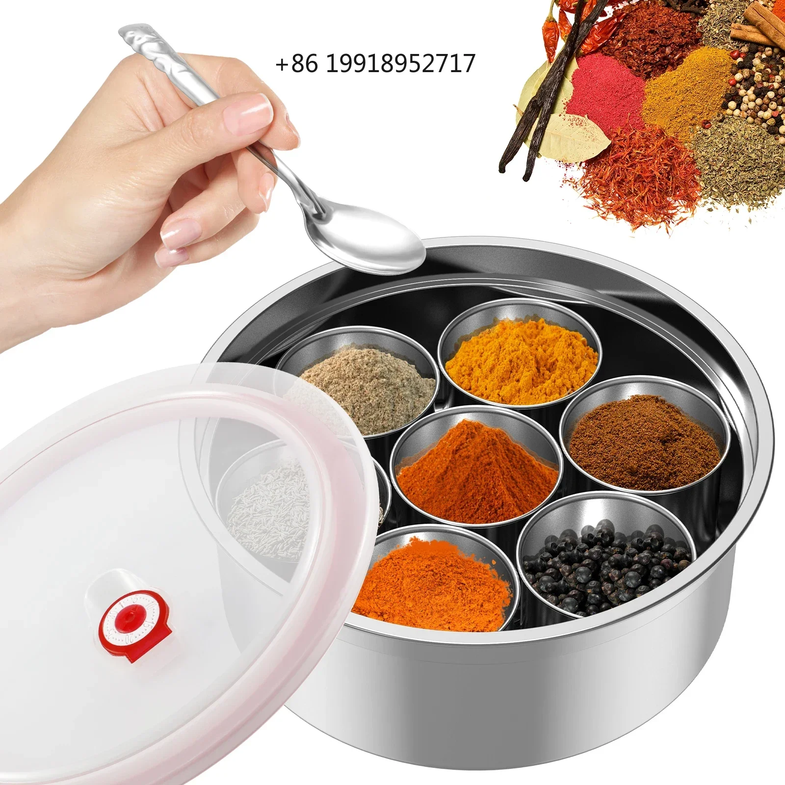 Masala Dabba Spice Box Stainless Steel Spice Containers Masala Dabba 7 Compartments Indian Spice Box with Transparent JJ368