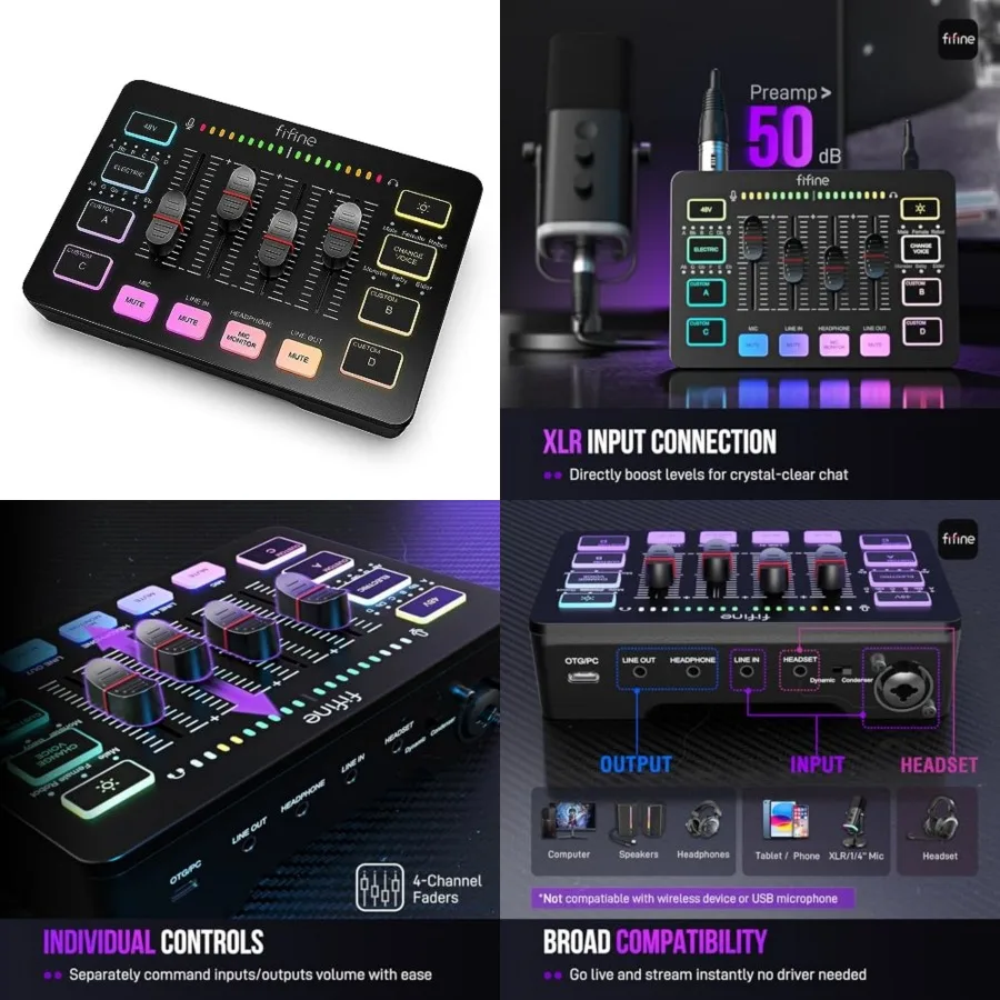 

Gaming Audio Mixer, Streaming RGB PC Mixer with XLR Microphone Interface, Individual Control, Volume Fader, Mute Button, 48V Ph