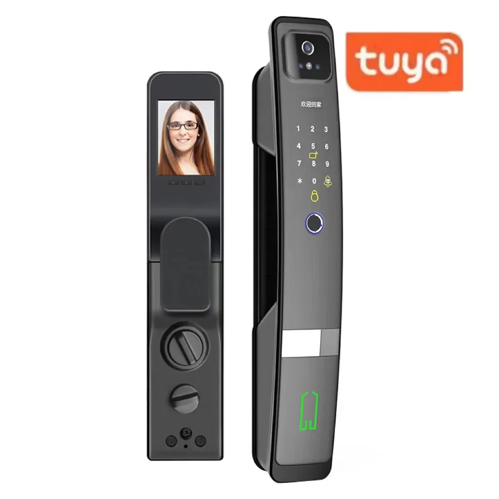 WiFi Tuya APP English/Russian/Spanish/Portuguese Voice Digital 3D Face Recognition Fingerprint Smart Door Lock With Camera